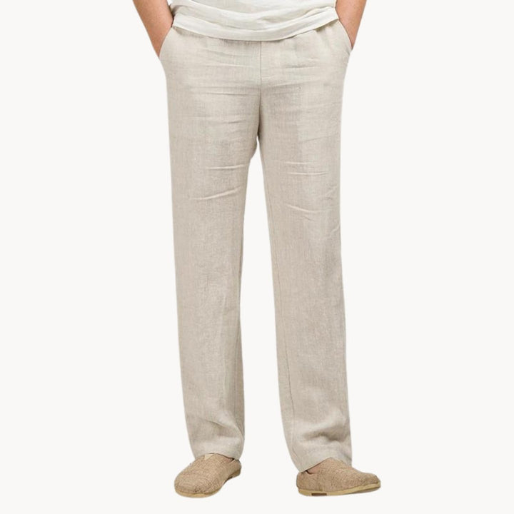 Lightweight men's linen straight leg pants with elastic waist, essential for breathable summer and holiday fashion.