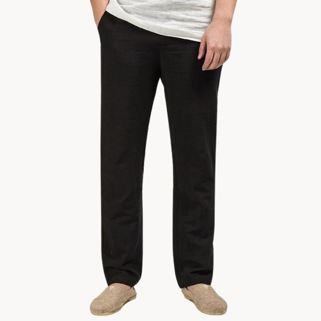 Fashionable men's linen straight leg pants with elastic waist, ideal for a relaxed yet stylish summer look.