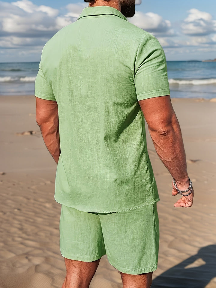Versatile men's summer set: dress up or down with this shirt and shorts.
