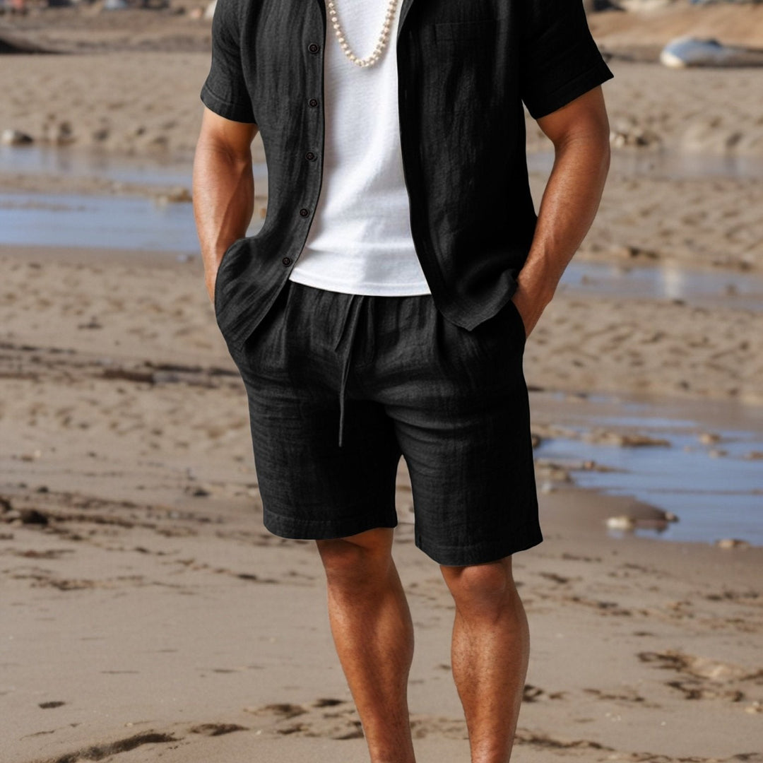 Men's casual shorts and short sleeve shirt set for everyday wear.