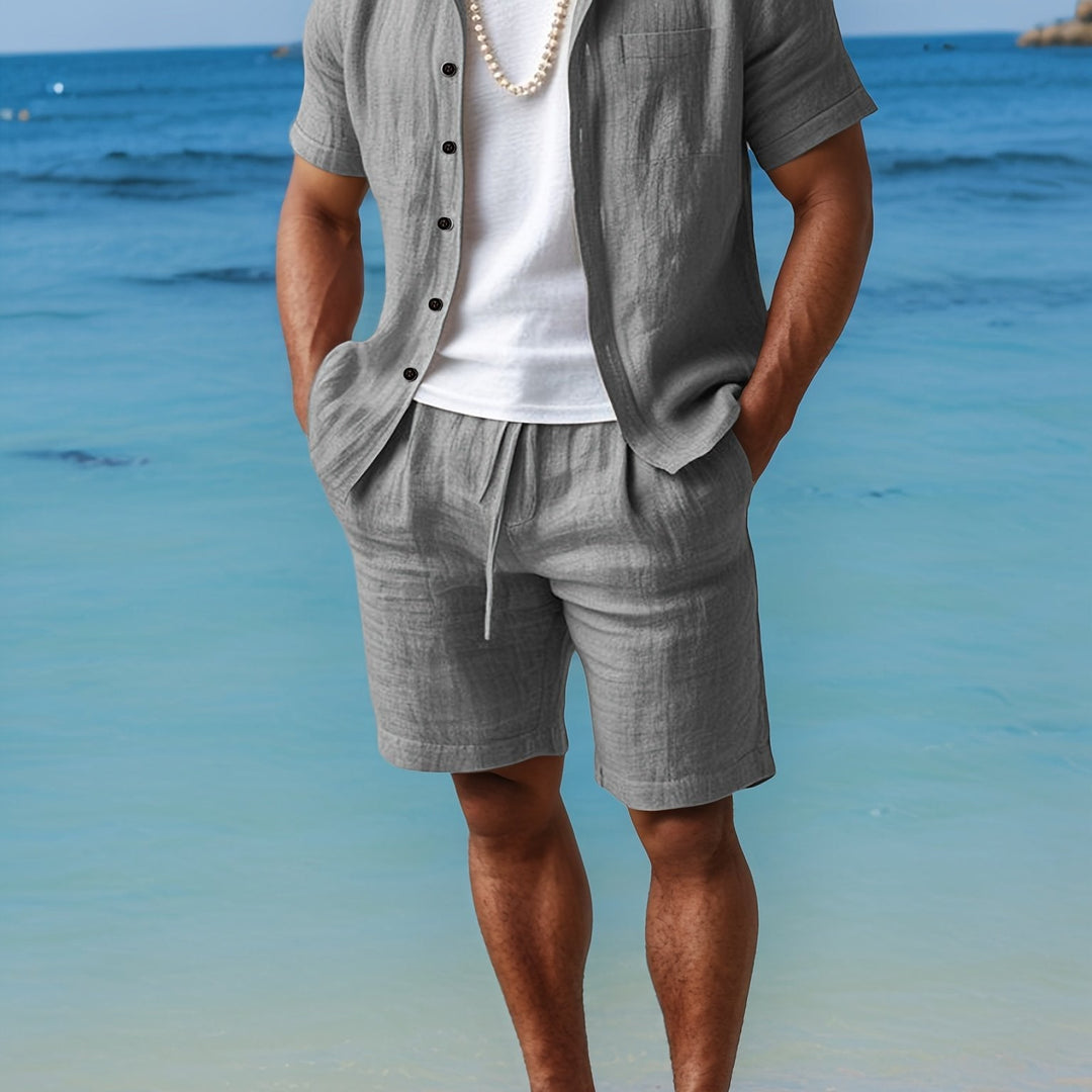 Trendy men's linen-inspired summer shirt and shorts ensemble.