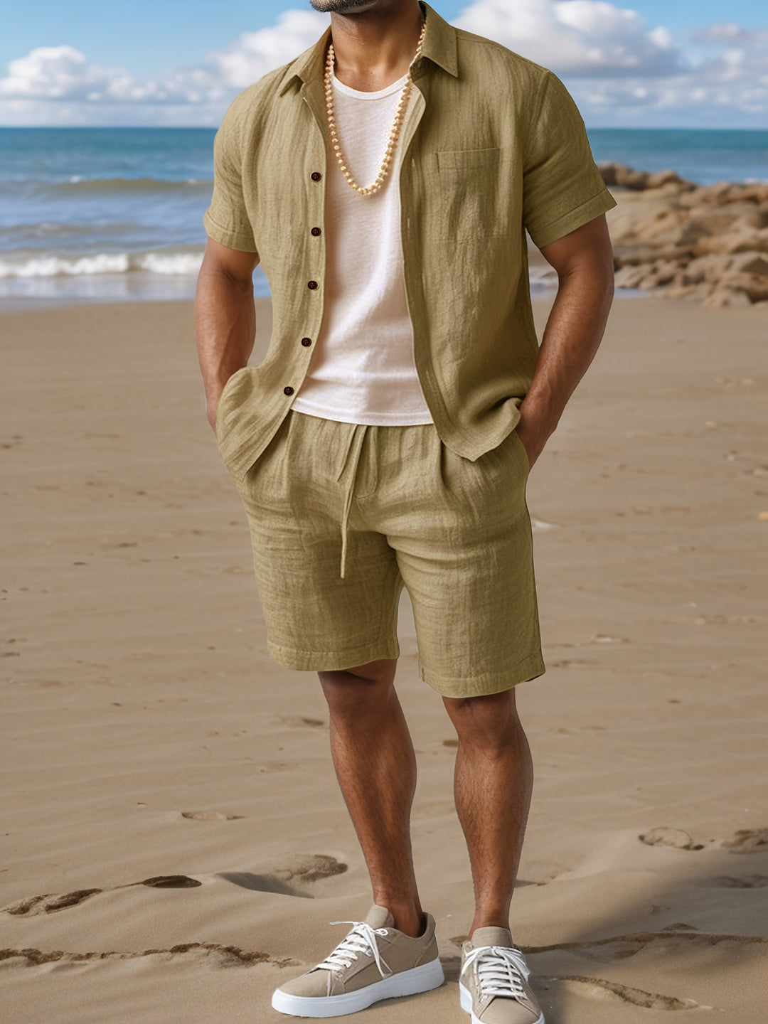 Stylish short sleeve linen-look shirt for men, perfect for summer.
