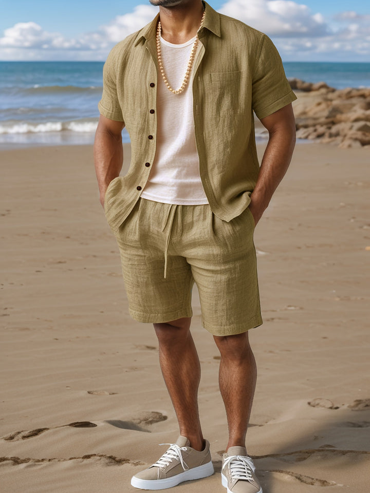 Stylish short sleeve linen-look shirt for men, perfect for summer.