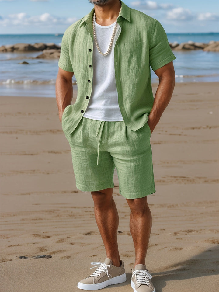 Casual men's wear: linen-look short sleeve shirt and matching shorts.