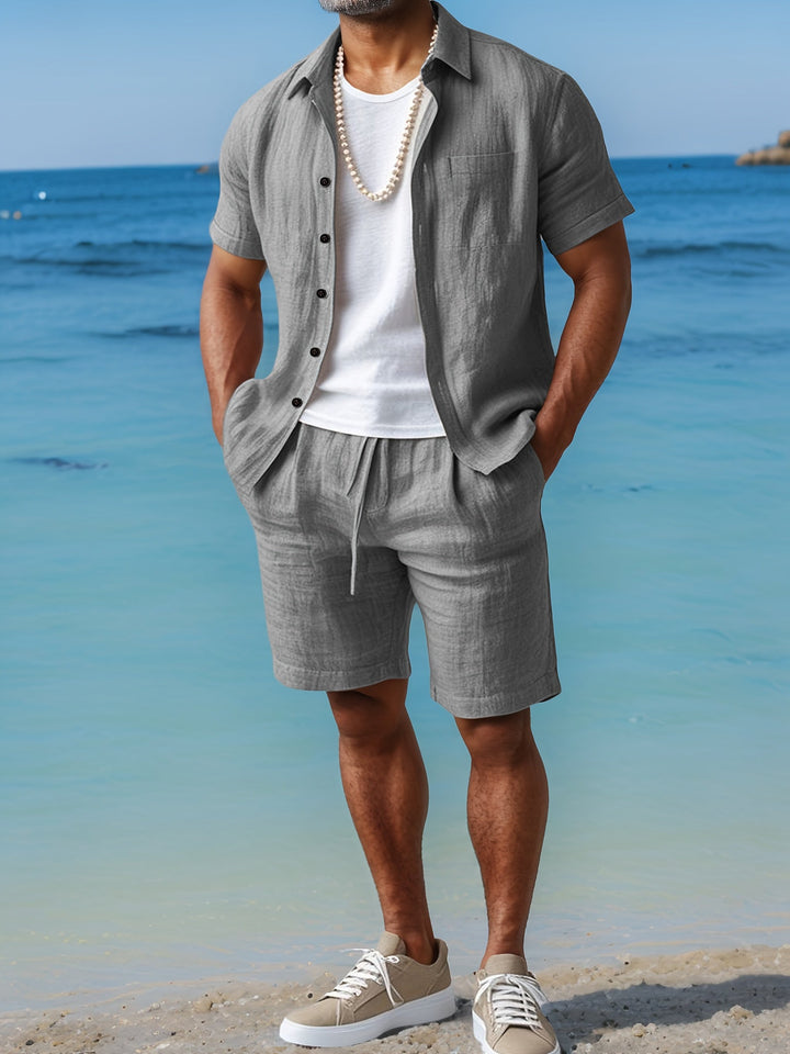 Beachwear essential: men's linen summer set with short sleeve top.