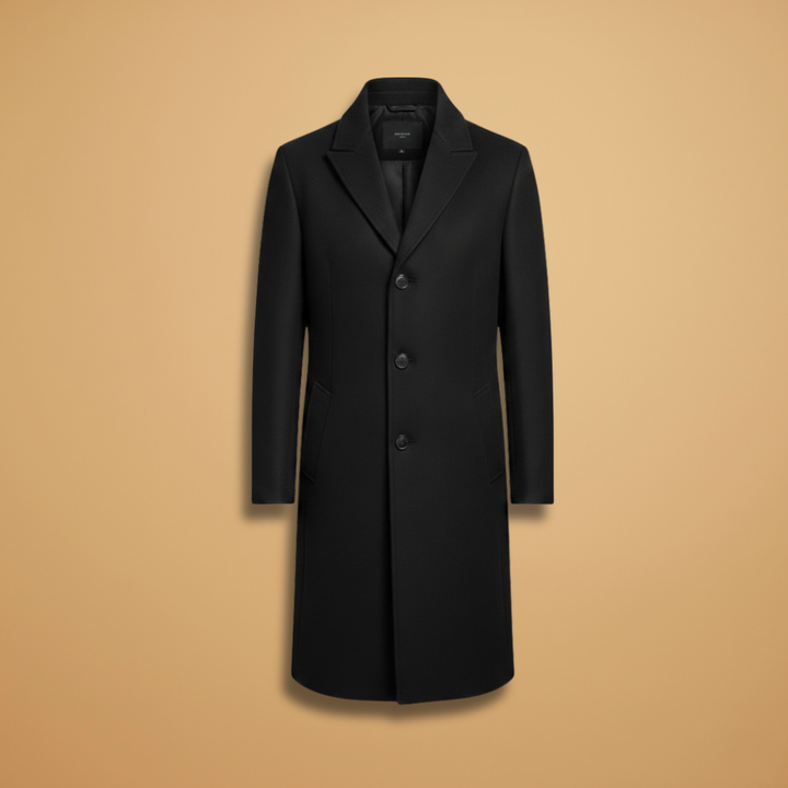Men's long lapel collar button front coat in classic style outerwear.