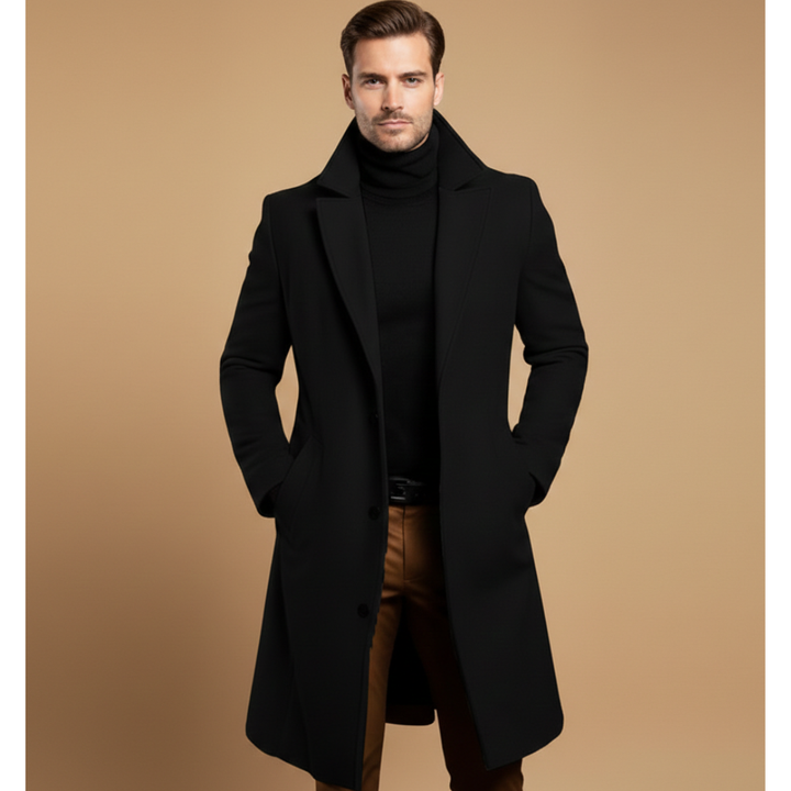 Classic menswear long coat with button front and sophisticated lapel collar.