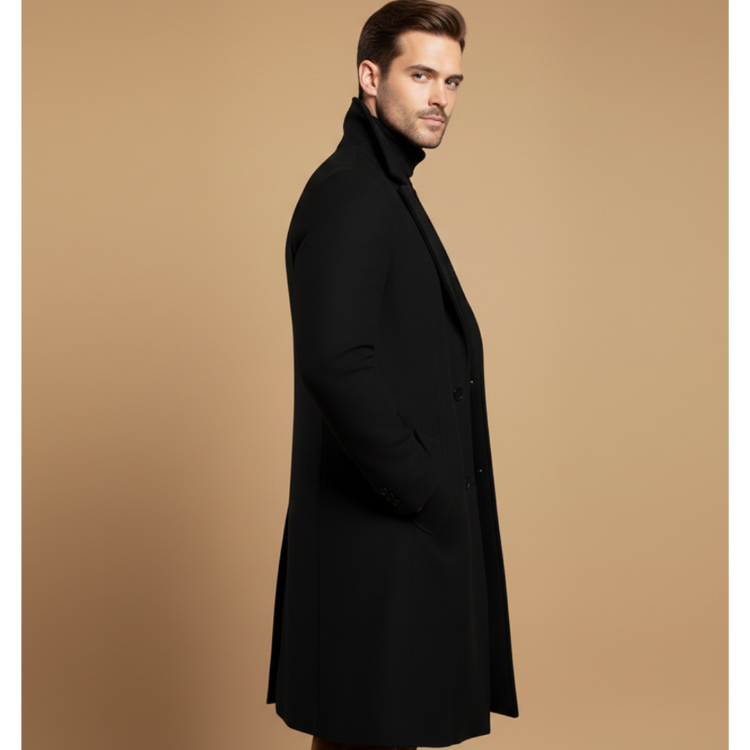 Stylish men's outerwear, a long coat perfect for fall and winter fashion.