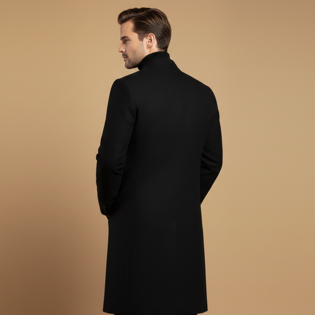 Front view of a men's long coat featuring a traditional lapel collar and buttons.