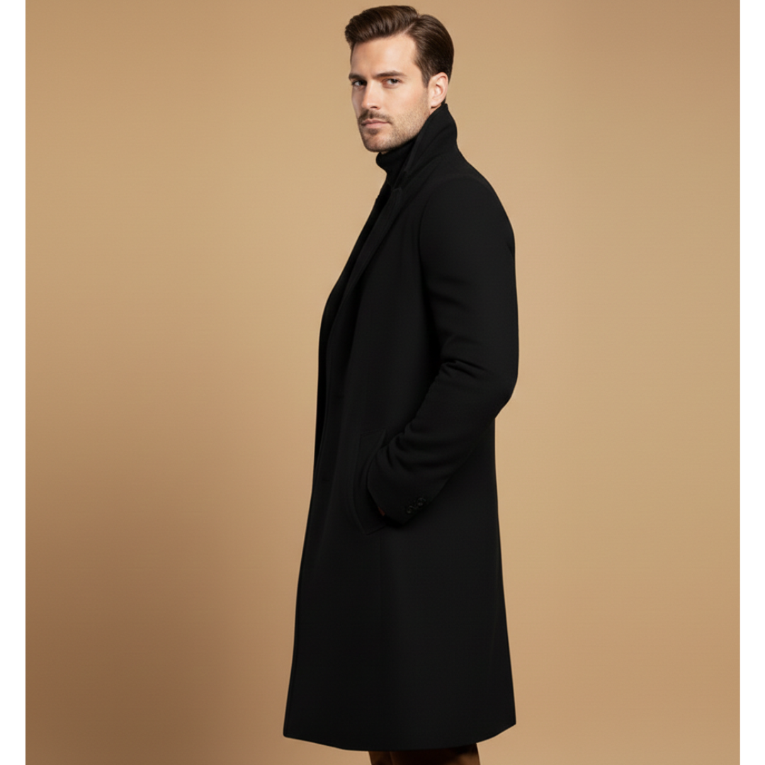 Smart casual men's long coat with a prominent button front and lapel collar.