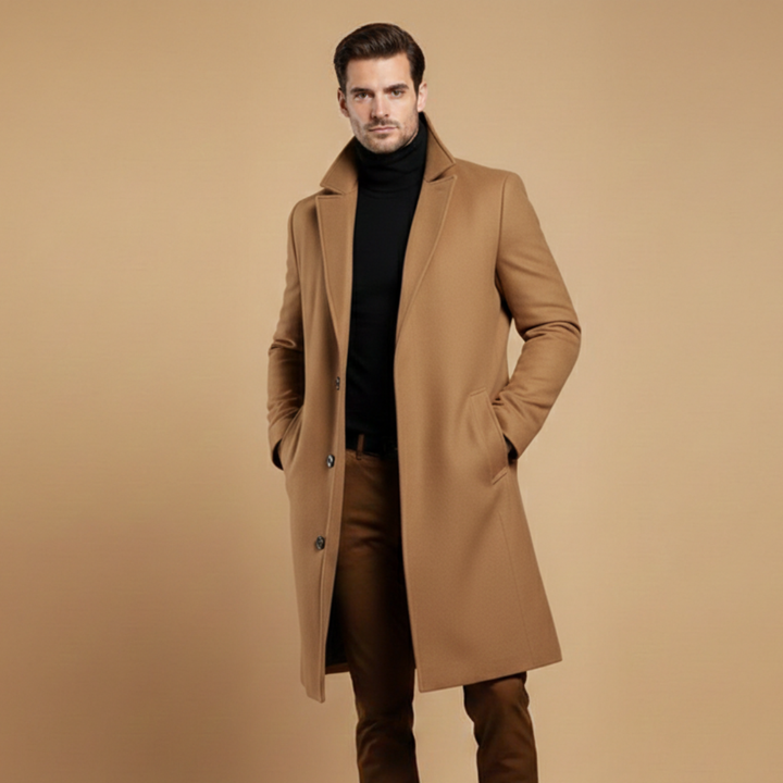 Stay warm in this classic men's long coat with elegant lapel collar design.