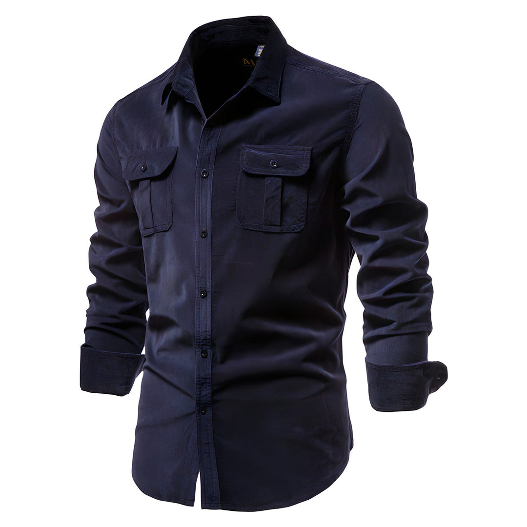 Men's outdoor apparel: a rugged long sleeve cargo shirt with secure button closure.