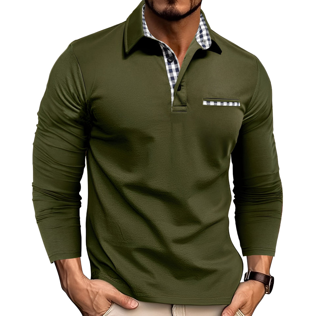 Men's long sleeve button-down polo shirt with stylish gingham trim, perfect for smart casual wear.