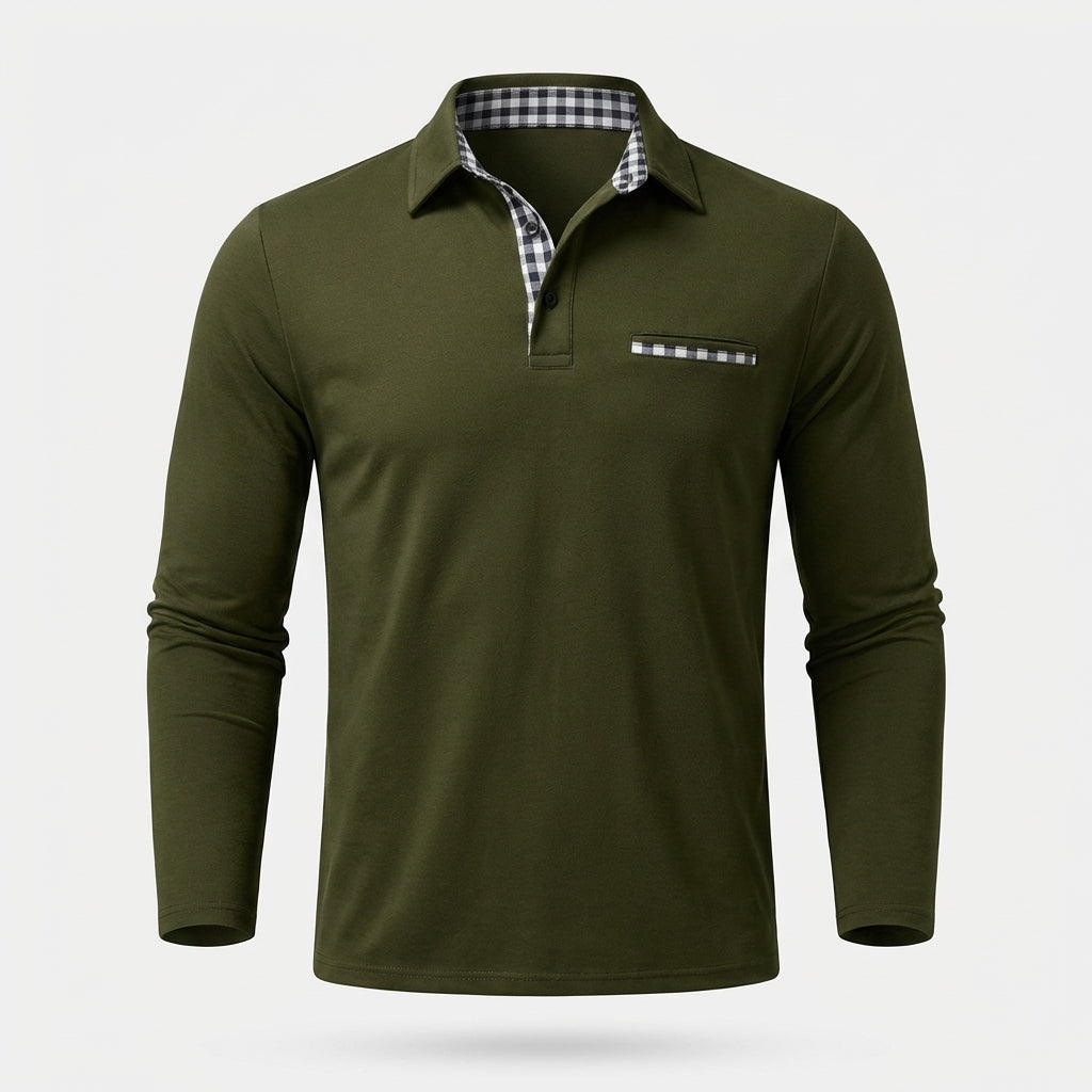 Versatile men's long sleeve button-down polo shirt, ideal for casual or smart-casual fashion with gingham trim.