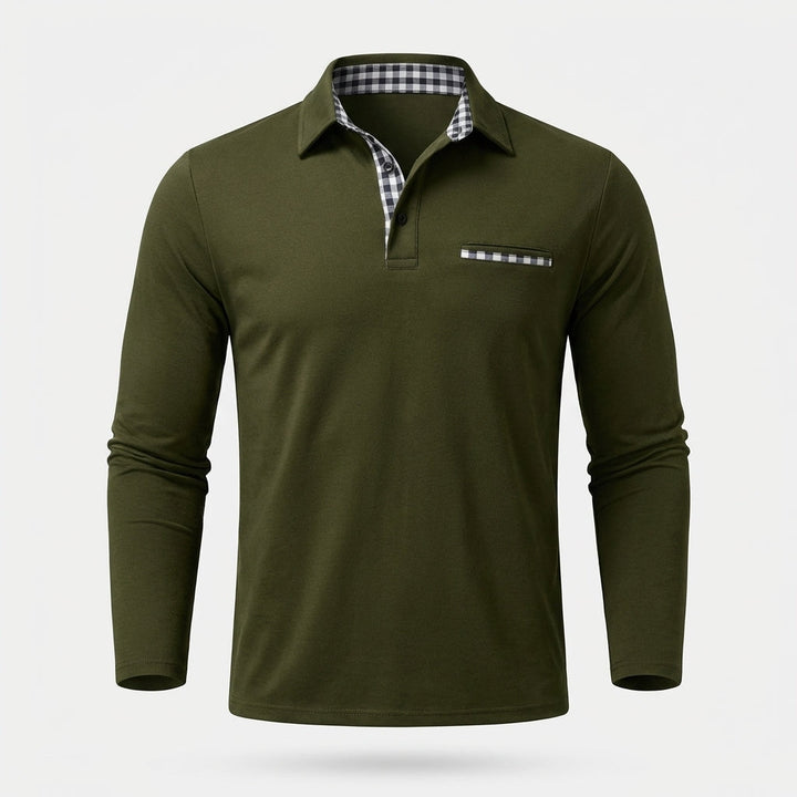 Versatile men's long sleeve button-down polo shirt, ideal for casual or smart-casual fashion with gingham trim.