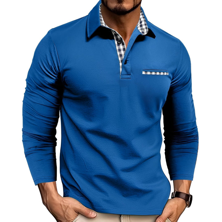 Comfortable men's long sleeve button-down polo shirt, featuring a collared design and unique gingham trim.