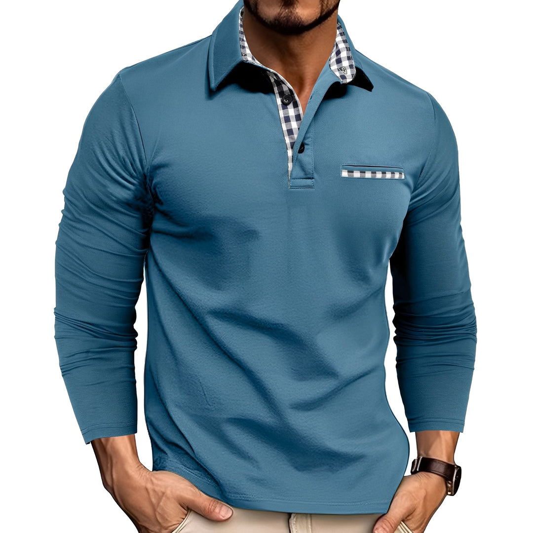 Classic men's long sleeve button-down polo shirt, featuring a collared design and elegant gingham trim detail.