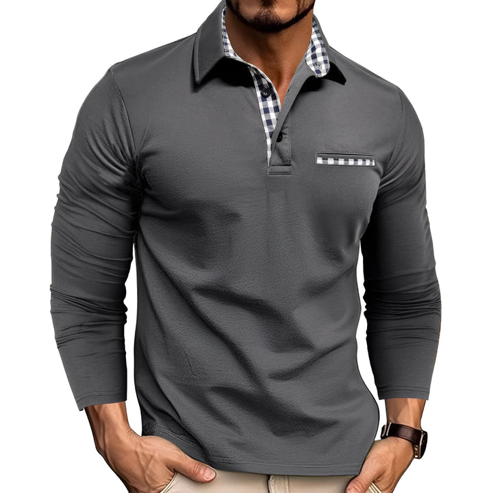 Enhance your everyday style with this men's long sleeve button-down polo shirt, complete with gingham trim.