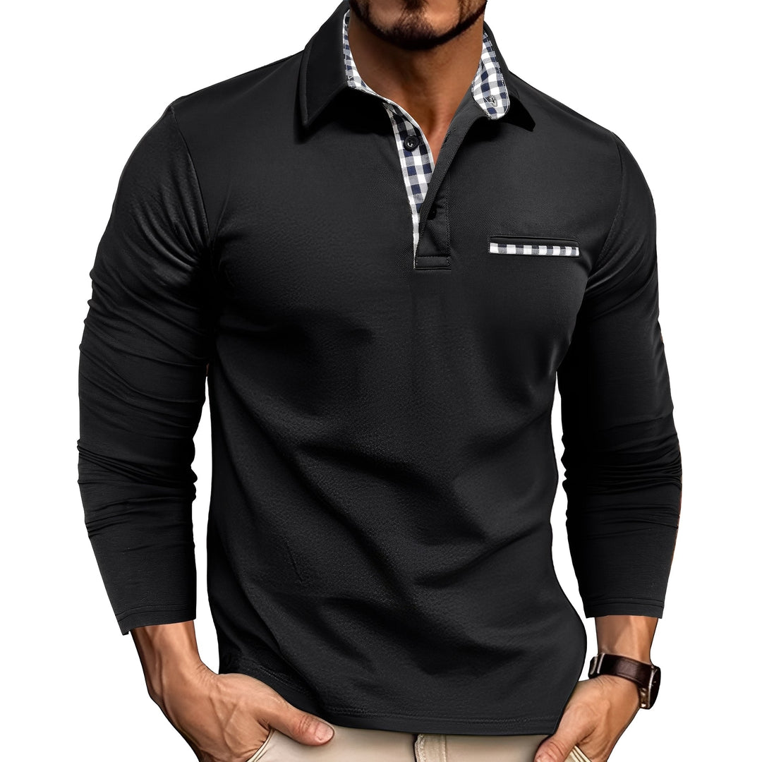 Men's long sleeve button-down polo shirt with attractive gingham trim, a smart casual fashion essential.