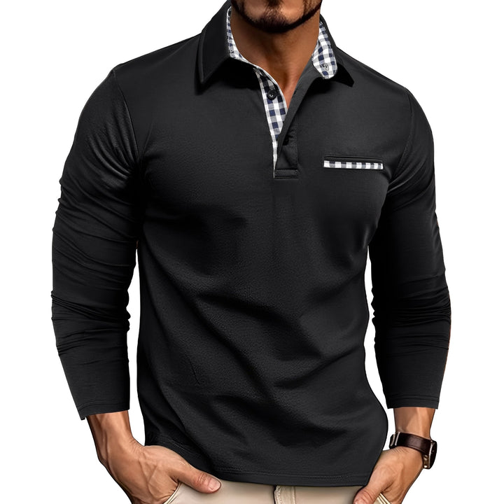 Men's long sleeve button-down polo shirt with attractive gingham trim, a smart casual fashion essential.
