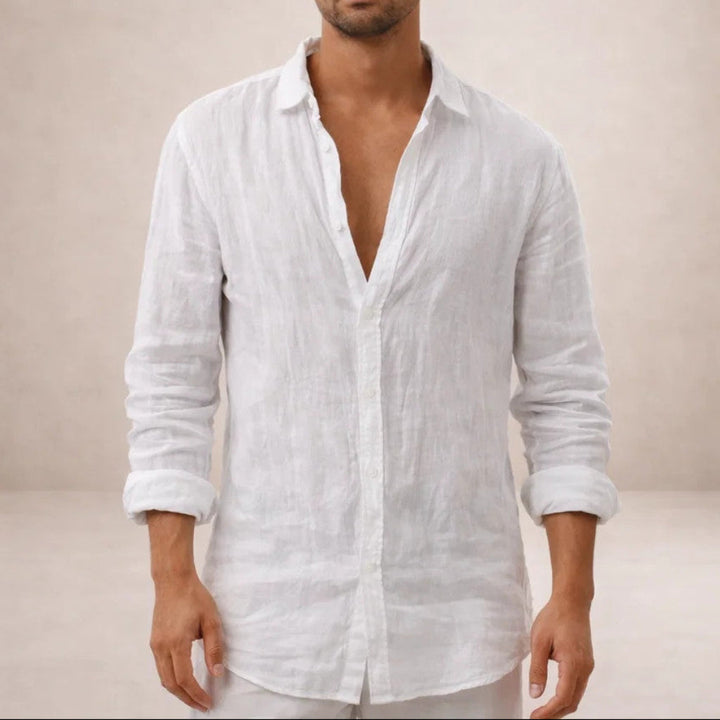 Versatile men's long sleeve button-down shirt, soft fabric, crisp spread collar, ideal for casual men's fashion.