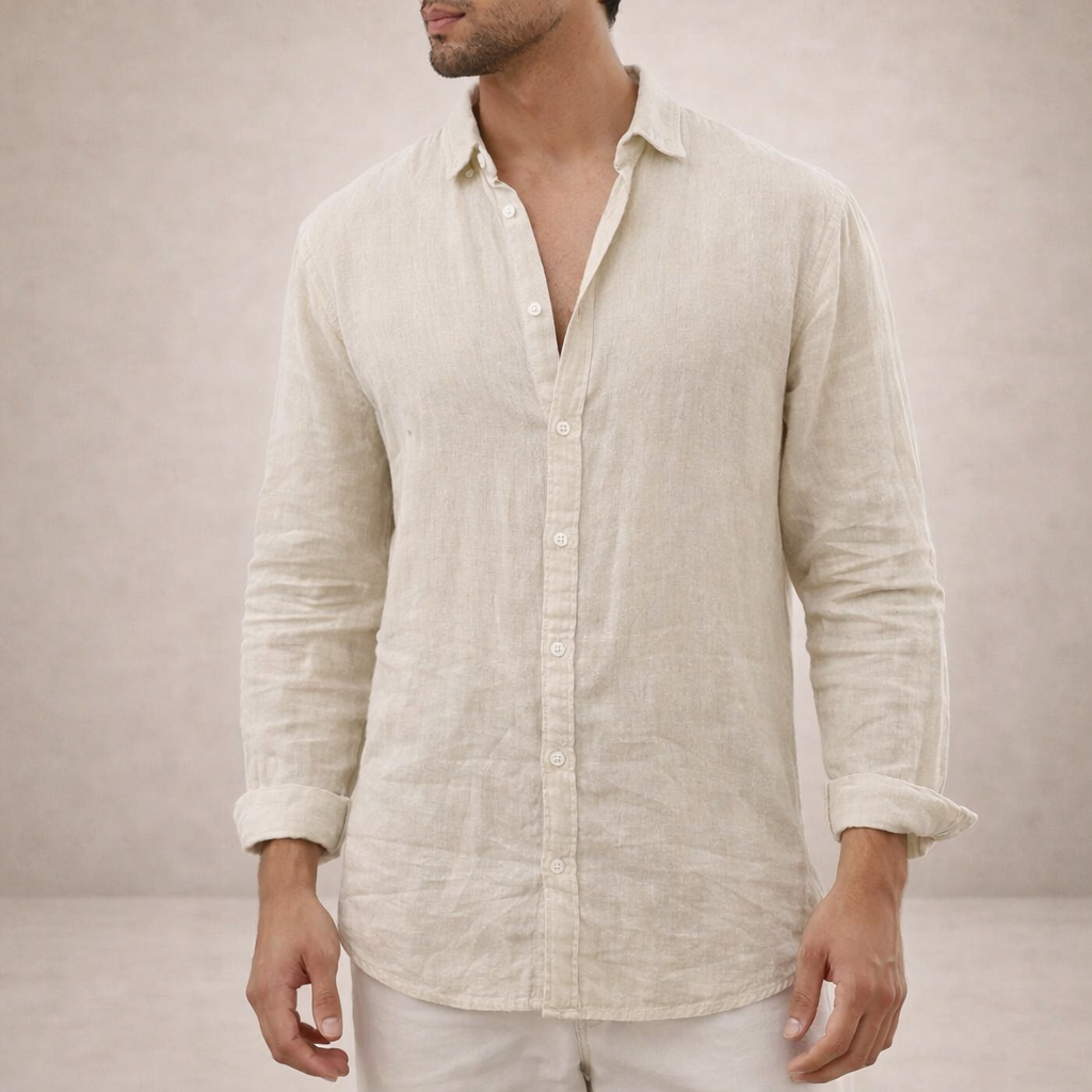 Classic men's long sleeve button-down shirt with a sophisticated spread collar for versatile casual & smart outfits.