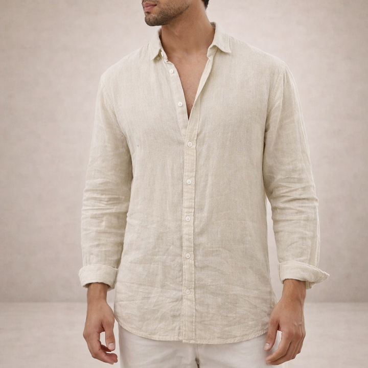 Classic men's long sleeve button-down shirt with a sophisticated spread collar for versatile casual & smart outfits.