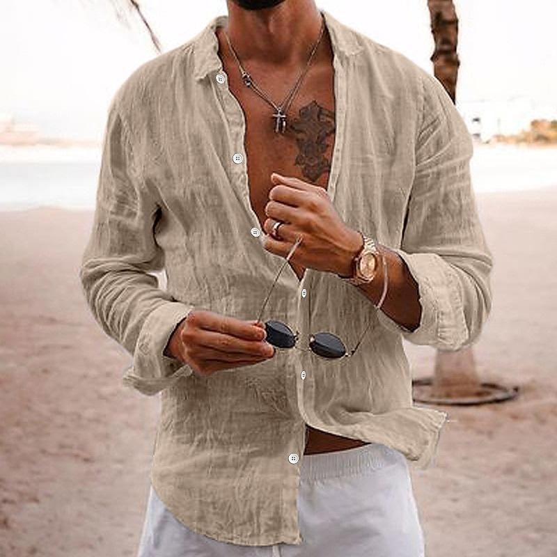 Solid color men's casual shirt with long sleeves and button front