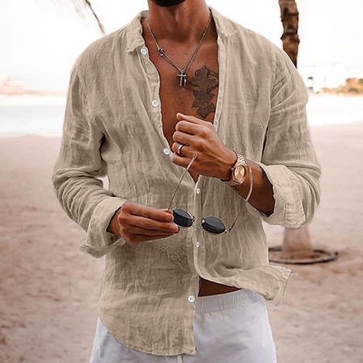 Solid color men's casual shirt with long sleeves and button front