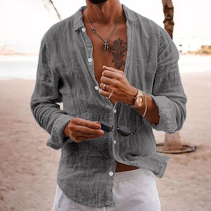 Button front design on a men's long sleeve casual summer shirt