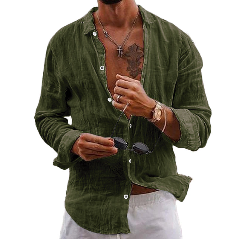 Men's versatile solid color long sleeve shirt, perfect for warm weather