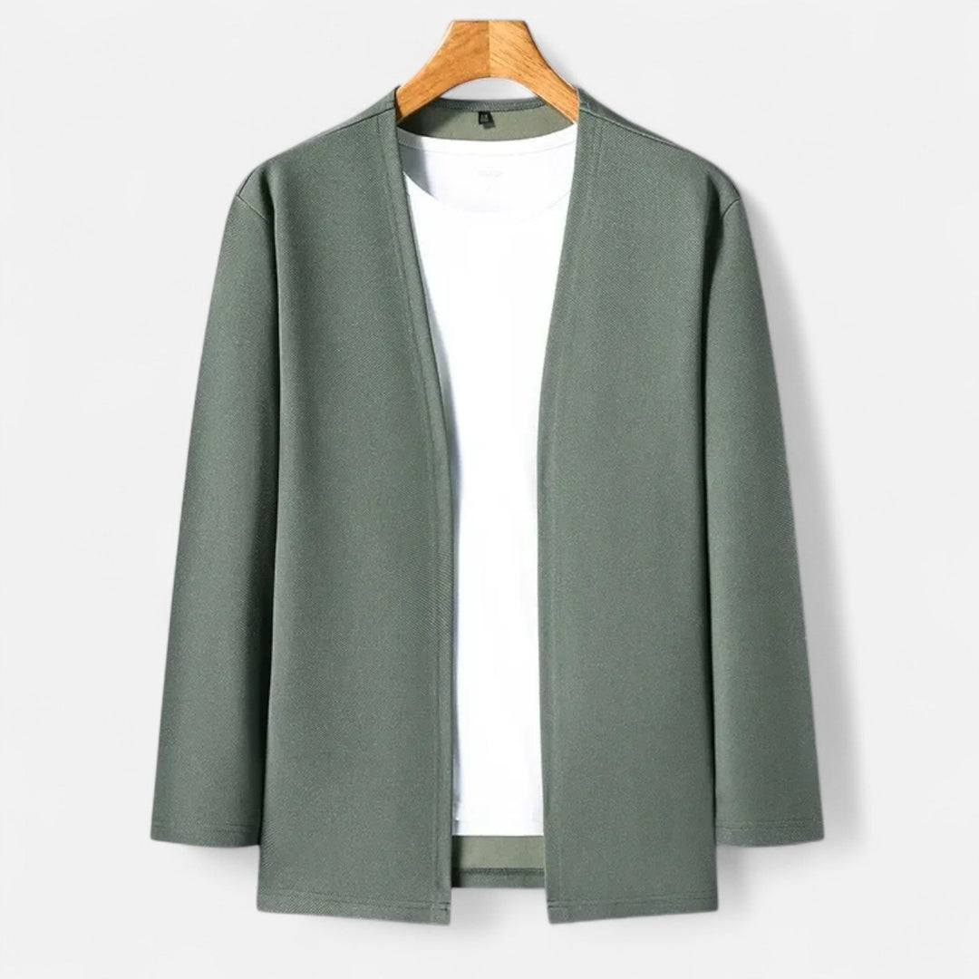 Men's long-sleeve cardigan cloak in charcoal grey, perfect for elegant layering.