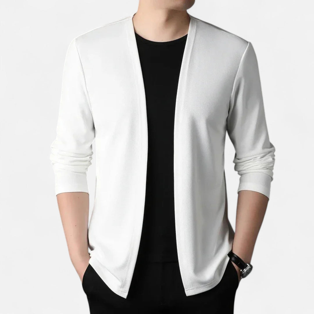 Front view of a men's long-sleeve cloak cardigan with a relaxed fit.