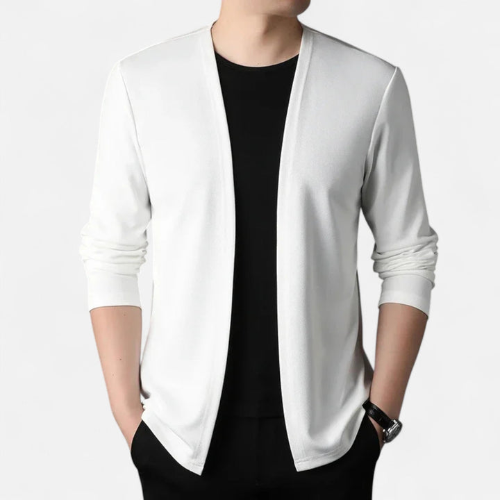 Front view of a men's long-sleeve cloak cardigan with a relaxed fit.