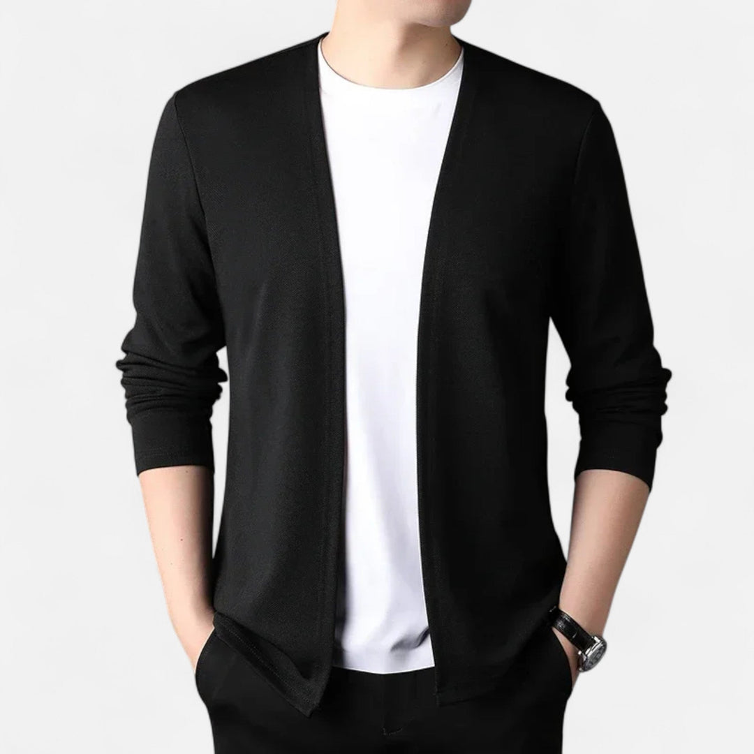 Layering piece: Men's cozy, long-sleeve knit cardigan cloak for cool weather.
