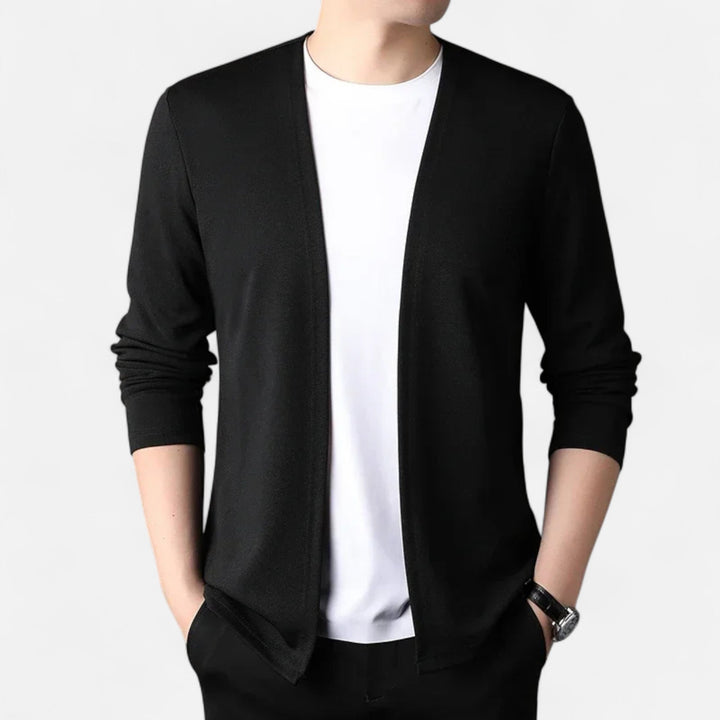 Layering piece: Men's cozy, long-sleeve knit cardigan cloak for cool weather.
