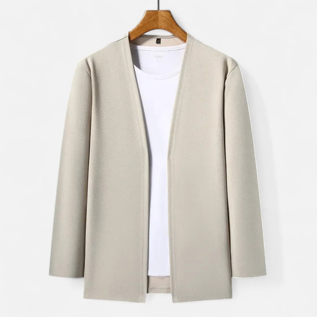 Stylish men's heritage design cardigan cloak in a warm, earthy tone.