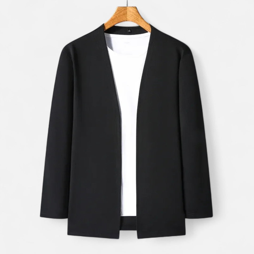 Elegant men's winter wear: a deep forest green long-sleeve cardigan cloak.