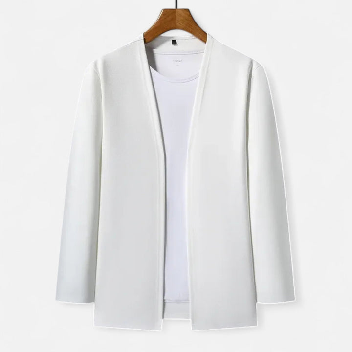 Model showcasing the draped silhouette of the men's long-sleeve cloak cardigan.