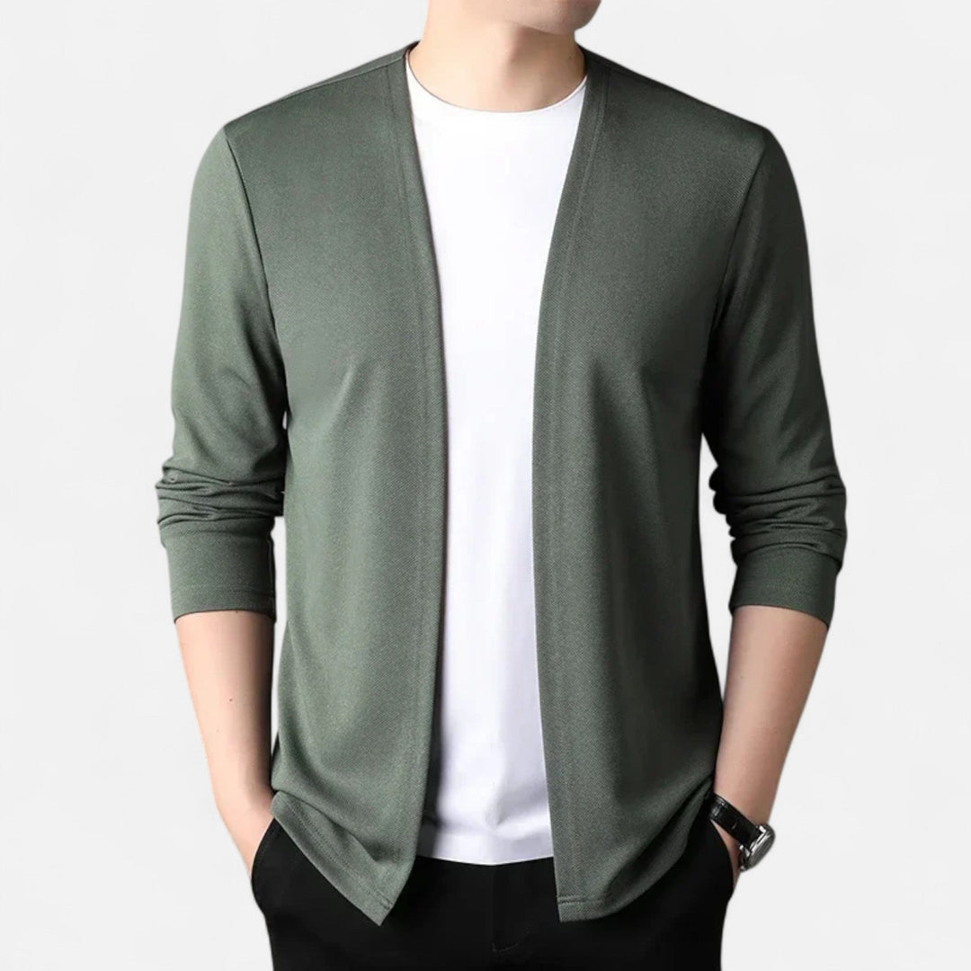 Detailed view of the buttons and collar on a men's elegant layering cardigan cloak.