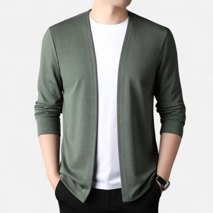 Detailed view of the buttons and collar on a men's elegant layering cardigan cloak.