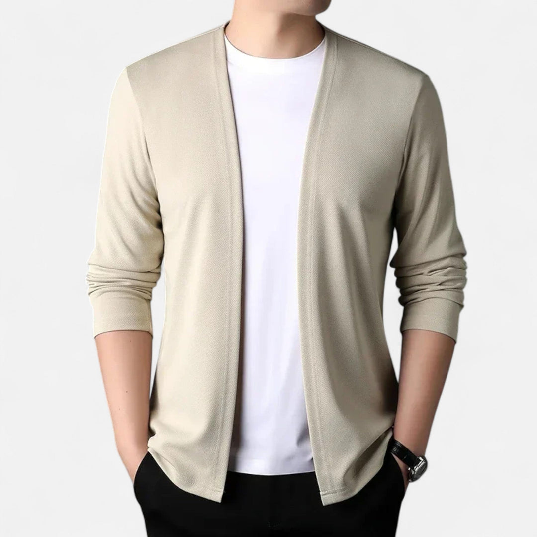 Men's casual outerwear: a comfortable, long-sleeve knit cardigan cloak.