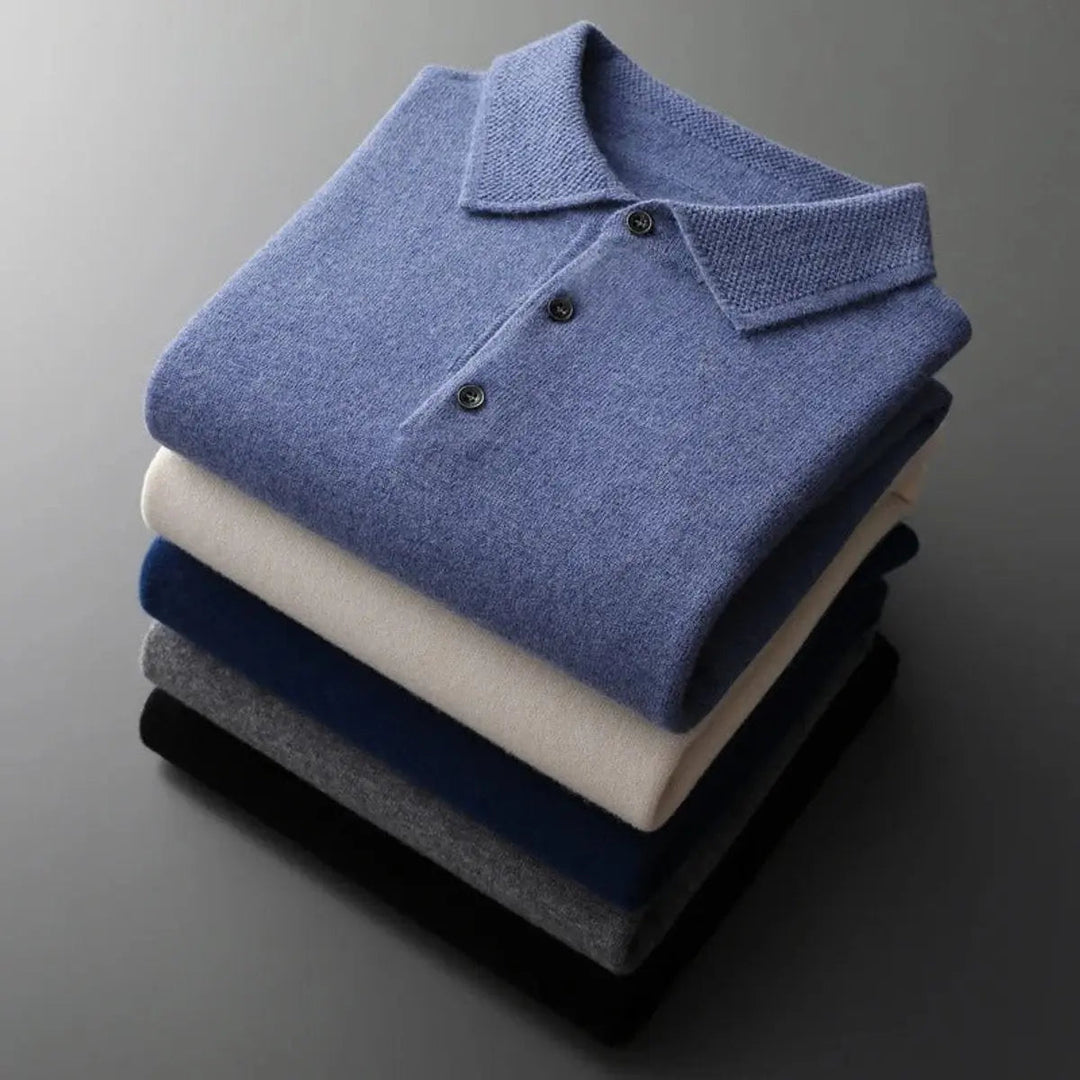 Close-up: button collar on men's cashmere long sleeve polo knit sweater, showcasing refined style.
