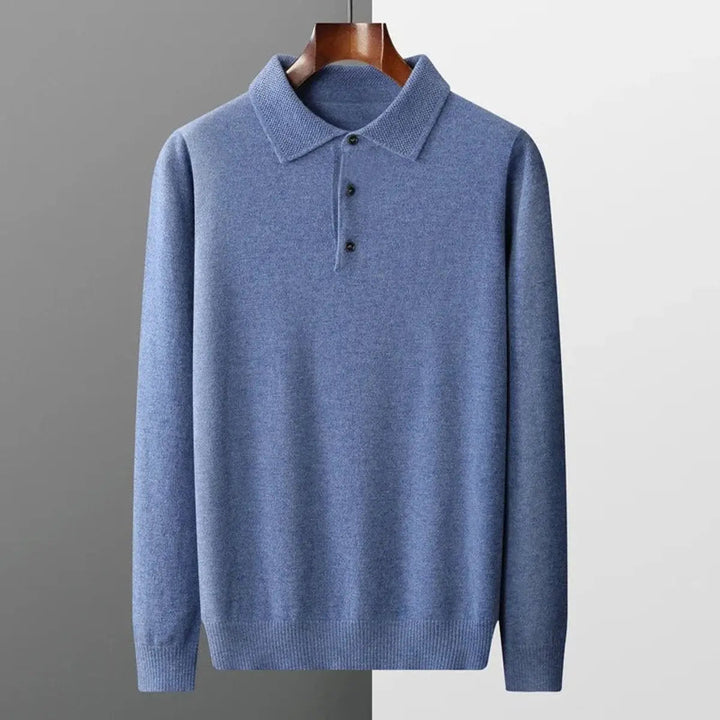Textured cashmere men's long sleeve polo knit sweater, a soft & warm button collar jumper for winter.