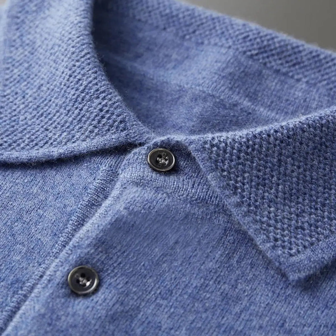 Back view: men's long sleeve cashmere polo knit sweater, a refined knitwear piece for smart casual ensembles.
