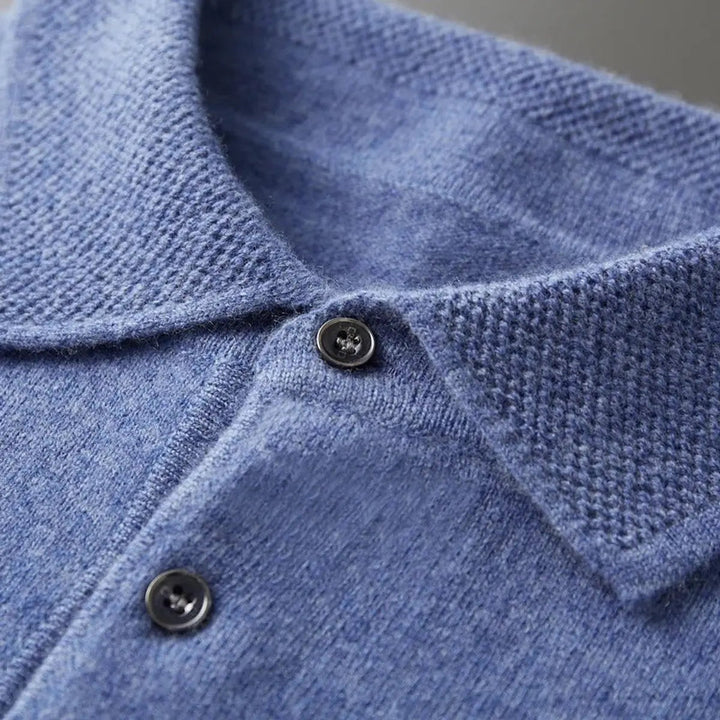 Back view: men's long sleeve cashmere polo knit sweater, a refined knitwear piece for smart casual ensembles.