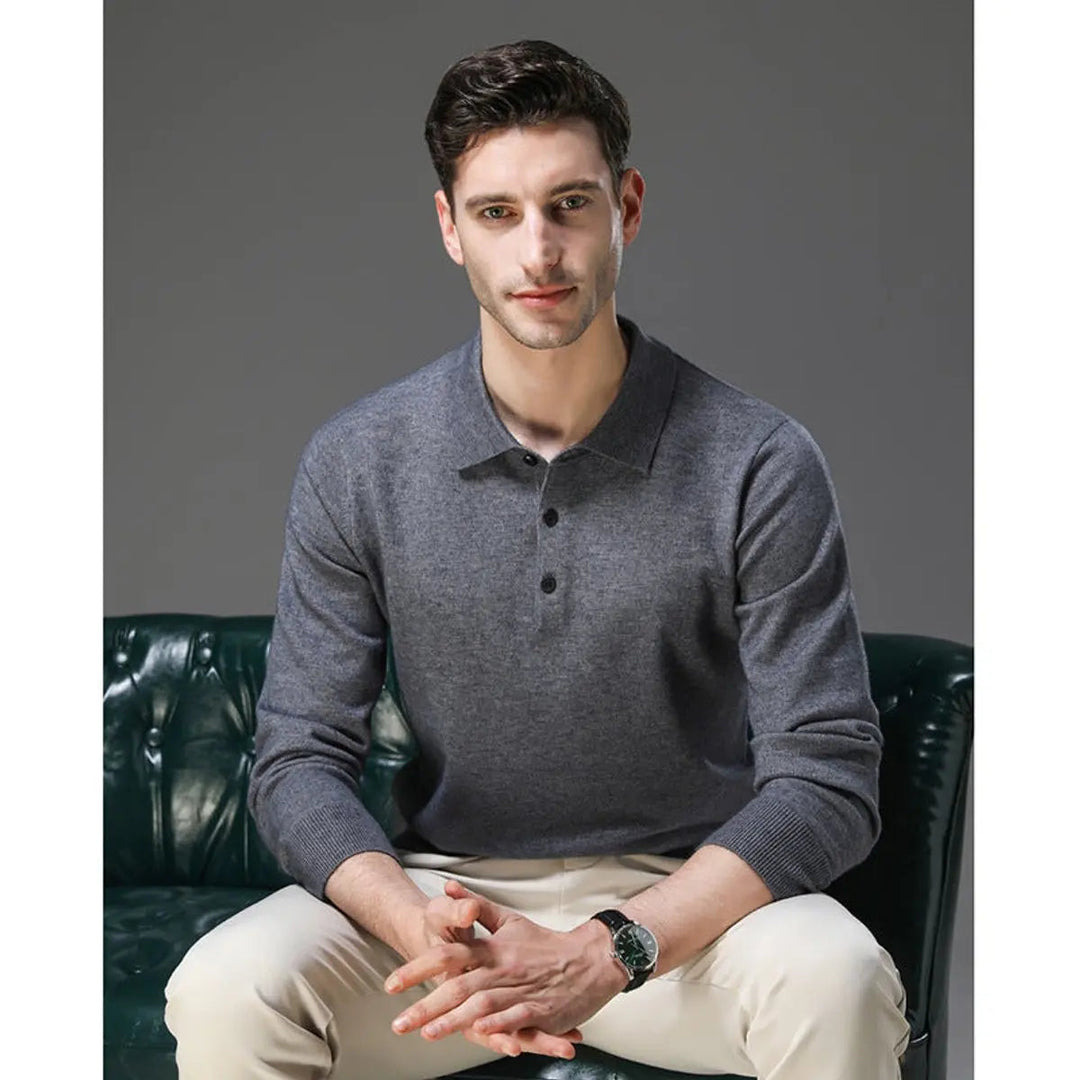 Comfortable men's long sleeve cashmere polo knit sweater, an essential button collar jumper for everyday wear.