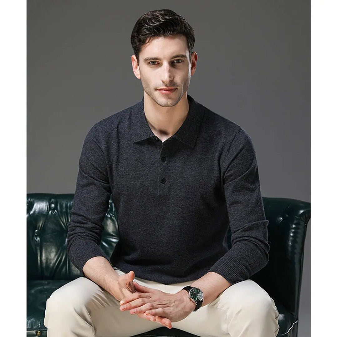 Men's smart casual long sleeve cashmere polo knit sweater, a stylish layering piece for business or leisure.
