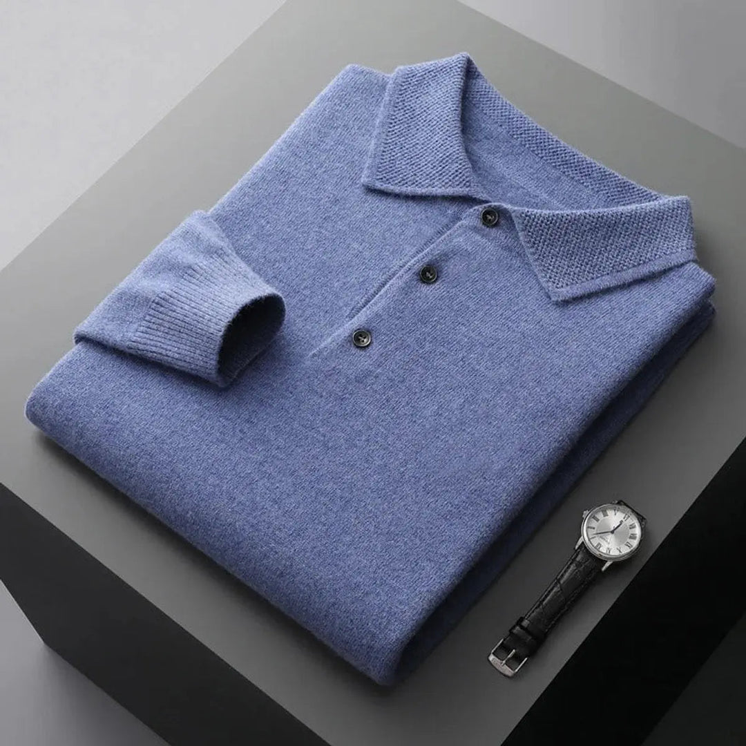 Premium men's long sleeve cashmere polo knit sweater, a timeless button collar jumper for any refined wardrobe.