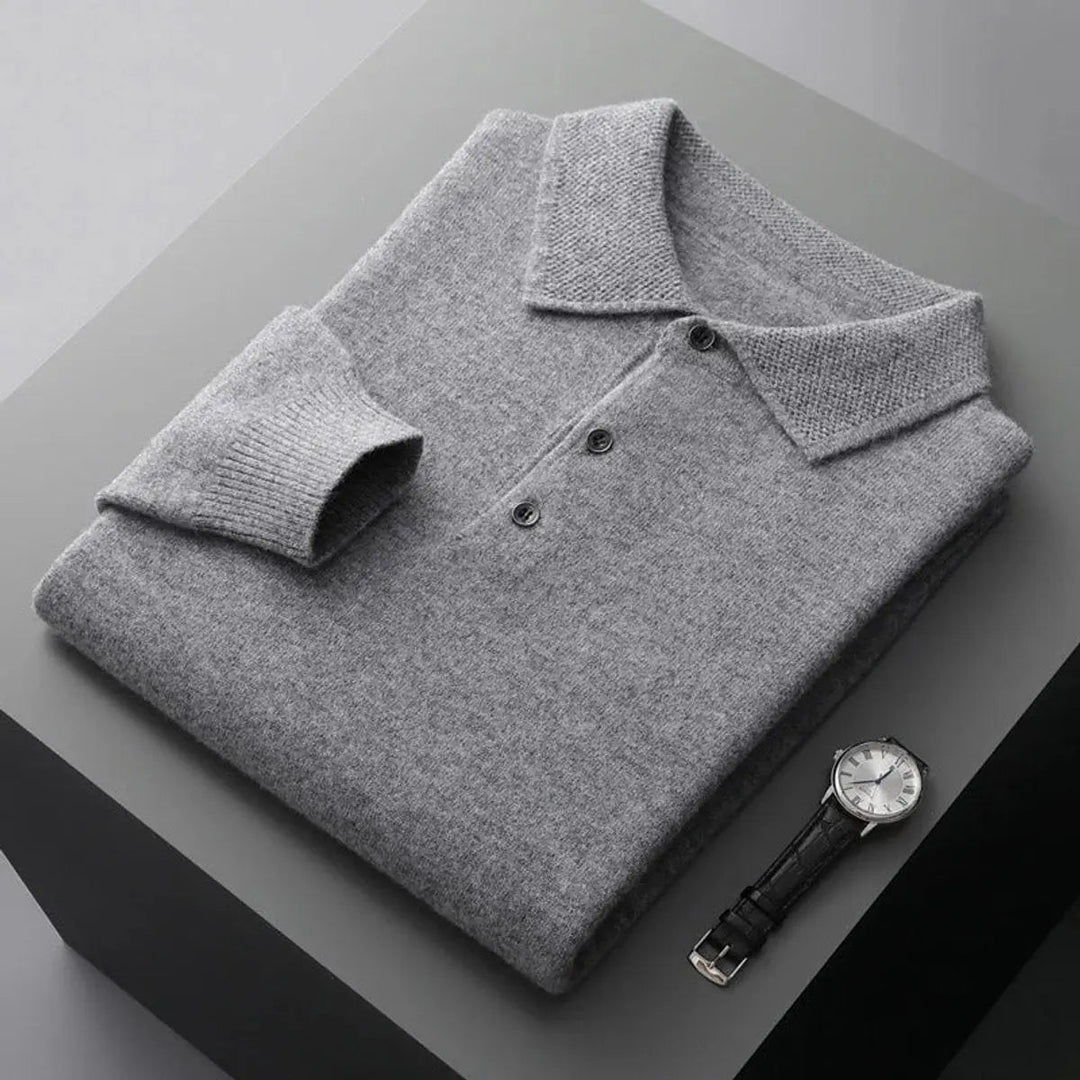 Soft cashmere men's polo knit jumper with button collar, perfect for refined winter fashion & everyday style.